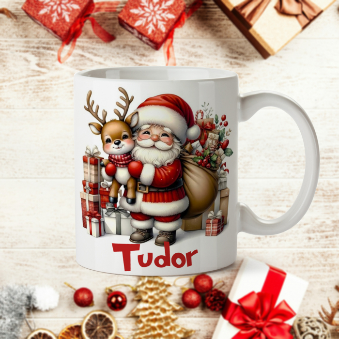 Cana personalizata cu nume de Craciun Mos Craciun si ren [1]