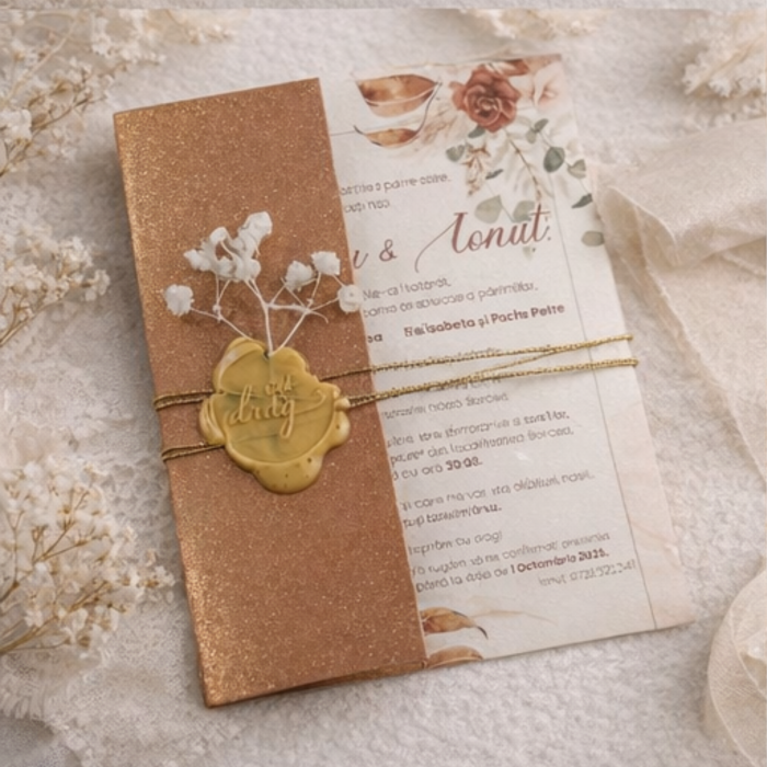 Invitatie nunta A6 cu jacheta caramizie, snur auriu si flori uscate [2]