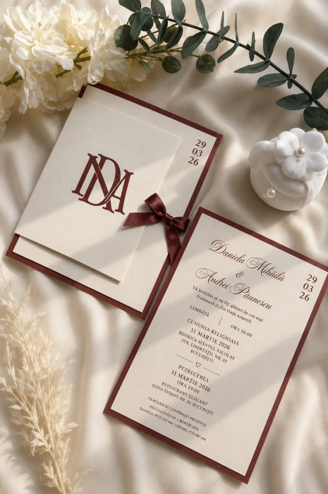 Invitatie de nunta Burgundy Monogram [1]