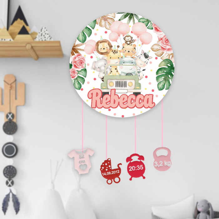 Ornament rotund din lemn personalizat cu nume- Girl Safari [1]