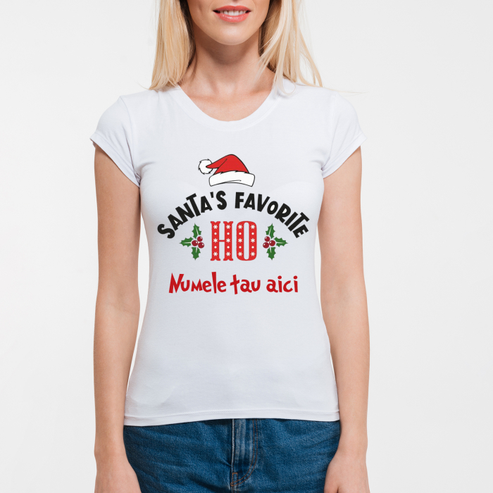 Tricouri personalizate cu nume Santa's favourite ho alb [1]