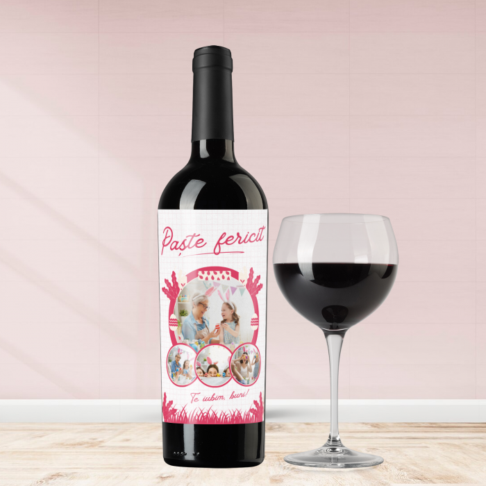 Sticla de vin personalizata pentru Paste cu 4 poze si text 750ml Pink easter [1]