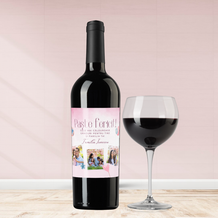 Sticla de vin personalizata pentru Paste cu 3 poze si text 750ml Pink easter [1]