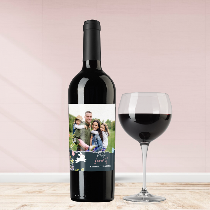 Sticla de vin personalizata pentru Paste cu poza si text 750ml Iepuras [1]