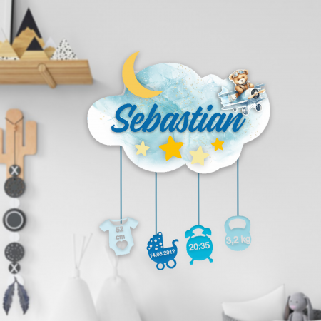 Articole pentru copii - Ornament norisor din lemn personalizat cu nume- Flying bear