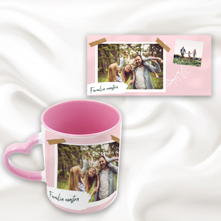 Cani albe si colorate - Cana personalizata toarta inima cu doua poze si mesaj