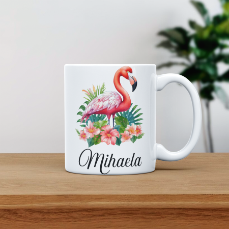 Cani albe si colorate - Cana personalizata cu poza si nume Flamingo pe lac