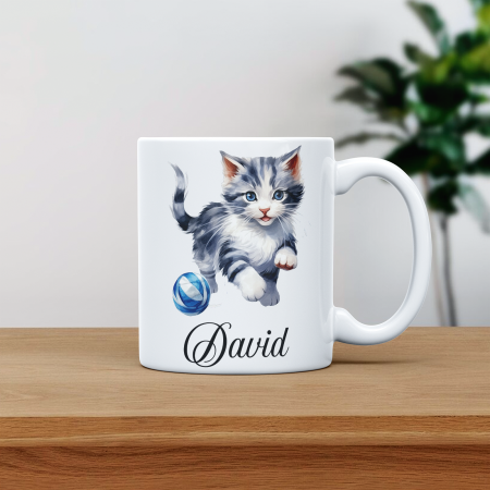Cani albe si colorate - Cana personalizata cu poza si nume Pisica cu minge