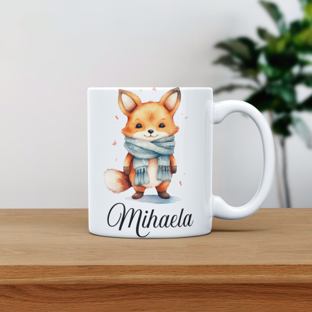 Cani albe si colorate - Cana personalizata cu poza si nume Vulpe cu fular