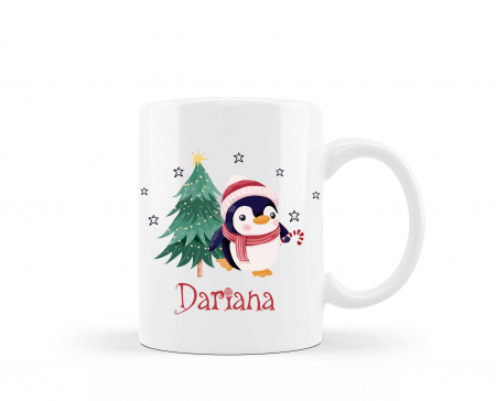 Cani albe si colorate - Cana personalizata cu nume de Craciun pinguin