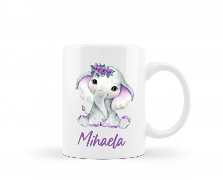 Cani albe si colorate - Cana personalizata cu nume elefant mov