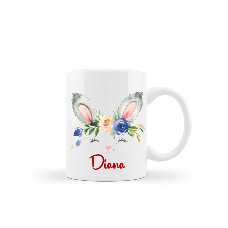Cani albe si colorate - Cana personalizata cu nume model iepuras de Paste urechi
