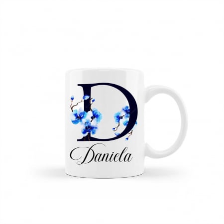 Cani personalizate - Cana personalizata cu nume initiala flori albastre