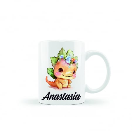 Cani albe si colorate - Cana personalizata cu nume model dinozaur portocaliu