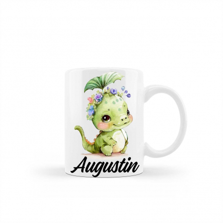 Cani albe si colorate - Cana personalizata cu nume model dinozaur verde