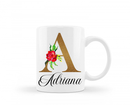 Cani albe si colorate - Cana personalizata cu nume initiala aurie
