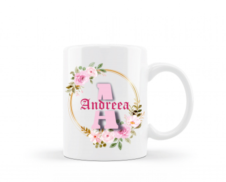 Cani albe si colorate - Cana personalizata cu nume si monograma roz