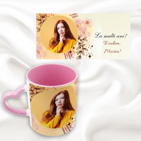 Cani albe si colorate - Cana personalizata toarta inima cu poza si mesaj La multi ani