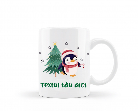 Cana personalizata de Craciun pinguin cu caciulita