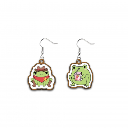Cercei din lemn - Cercei handmade Funky Frogs cu tortite de otel inoxidabil, 30 mm