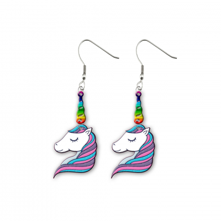 Cercei din lemn - Cercei handmade unicorn cu tortite de otel inoxidabil, 45 mm