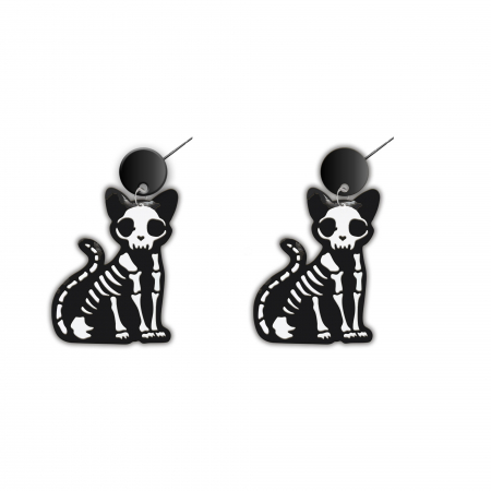 Cercei din lemn - Cercei handmade Skeleton Cat cu tortite de otel inoxidabil, 45 mm