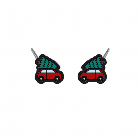 Cercei din lemn - Cercei handmade Christmas Car cu tortite de otel inoxidabil, 12mm