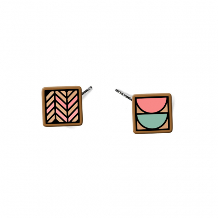 Cercei din lemn - Cercei handmade abstract square cu tortite de otel inoxidabil, 12 mm