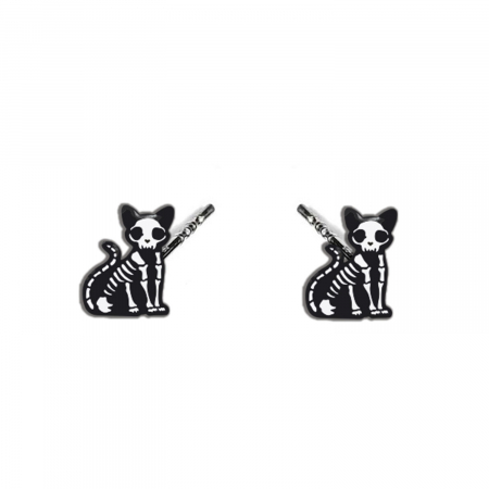 Cercei din lemn - Cercei handmade Skeleton cat cu tortite de otel inoxidabil, 12mm