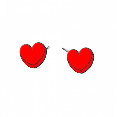 Cercei din lemn - Cercei handmade red hearts cu tortite de otel inoxidabil, 12 mm