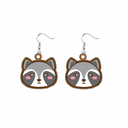 Cercei din lemn - Cercei handmade Raccoon head cu tortite de otel inoxidabil, 30 mm
