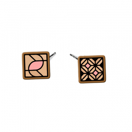 Cercei din lemn - Cercei handmade patrat abstract cu tortite de otel inoxidabil, 12 mm