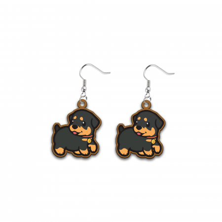 Cercei din lemn - Cercei handmade Baby Rotweiler cu tortite de otel inoxidabil, 30 mm
