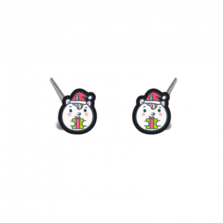 Cercei din lemn - Cercei handmade Snowman unicorn cu tortite de otel inoxidabil, 12mm