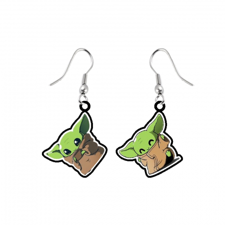 Cercei din lemn - Cercei handmade Baby Yoda cu tortite de otel inoxidabil, 30 mm