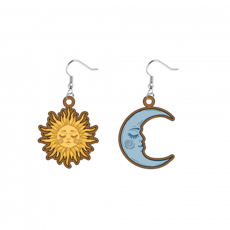 Cercei din lemn - Cercei handmade Soare si luna abstract cu tortite de otel inoxidabil, 30 mm