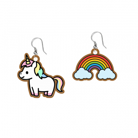 Cercei din lemn - Cercei handmade unicorn si curcubeu cu tortite de otel inoxidabil, 30 mm