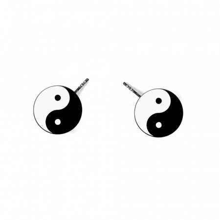 Cercei din lemn - Cercei handmade yin yang cu tortite de otel inoxidabil, 12 mm