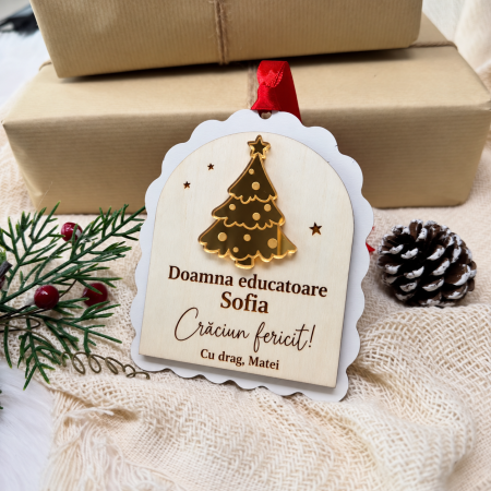 Globuri Personalizate  - Ornament de Craciun personalizat pentru educatoare, cu brad auriu