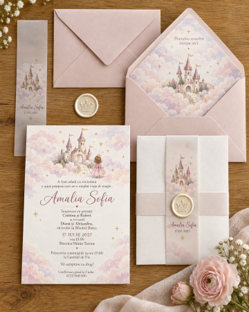 Invitatii botez - Invitatie botez fetita cu printesa, castel si sigiliu