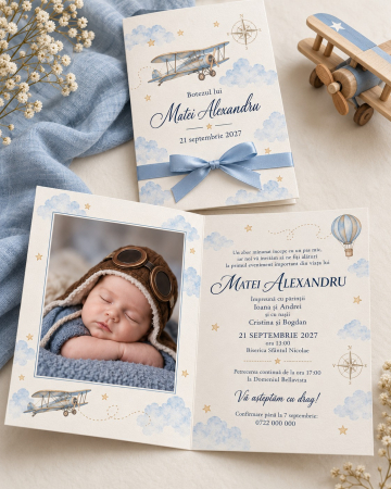 Invitatii botez - Invitatie botez baiat cu avion