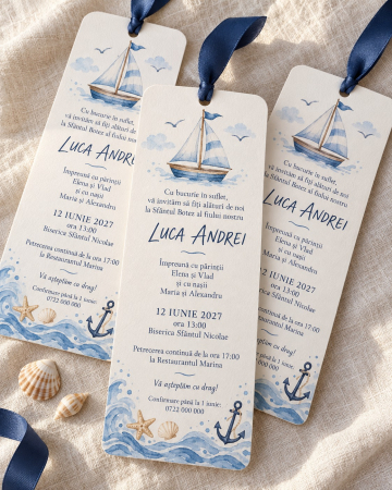 Invitatii botez - Invitatie botez baiat tip semn de carte cu vapor