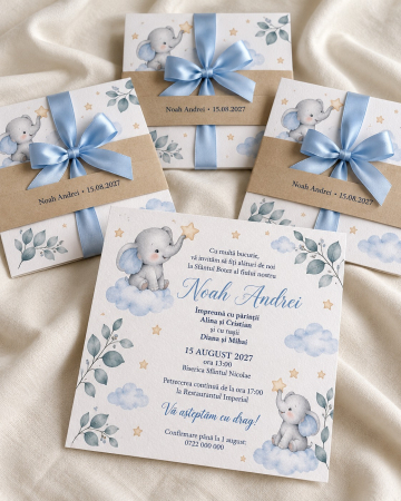 Invitatii botez - Invitatie botez cu elefantei si norisori