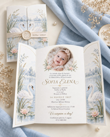 Invitatii botez - Invitatie botez cu lebede