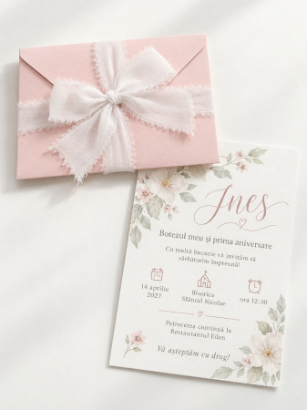 Invitatii botez - Invitatie botez Flori Roz