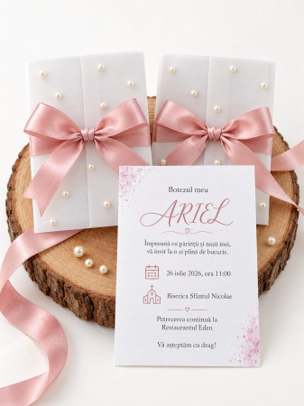 Invitatii botez - Invitatie botez fetita Perle Roz