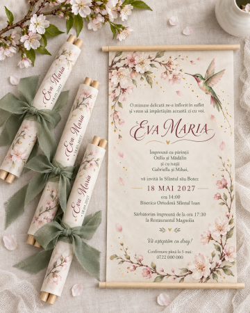 Invitatii botez - Invitatie botez cu flori de cires si pasare colibri