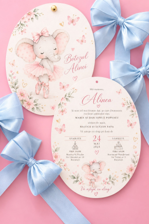 Invitatii botez - Invitatie de botez ovala cu elefantica si fluturasi