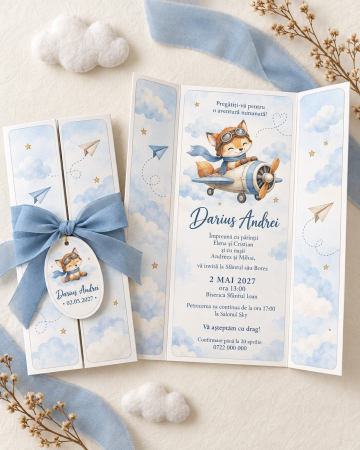 Invitatii botez - Invitatie botez cu vulpita aviator si avion