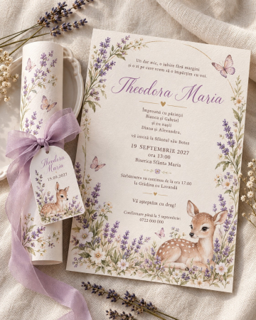 Invitatii botez - Invitatie de botez cu caprioara, lavanda si fluturasi